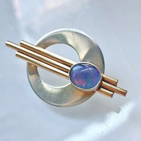 Vintage 10K GF Sterling Silver& Opal Modernist Deco Geometric Brooch Pin Pendant - Picture 8 of 9